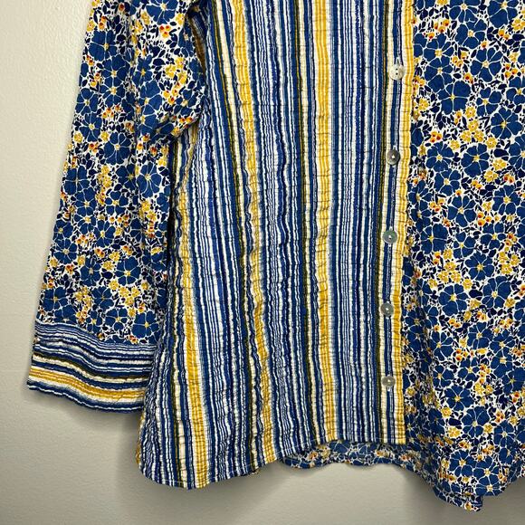 Habitat Yellow Blue Stripe Floral *XS Top Cotton Crinkle 3/4 Sleeve Button Boho - Picture 3 of 16